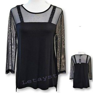 NWT CABLE & GAUGE Mesh Yoke Rhinestone Hi-low Hem Blouse Top